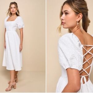 LULU's Bridal Shower Reception Floral Romantic Honeymoon Bachelorette Midi Dress